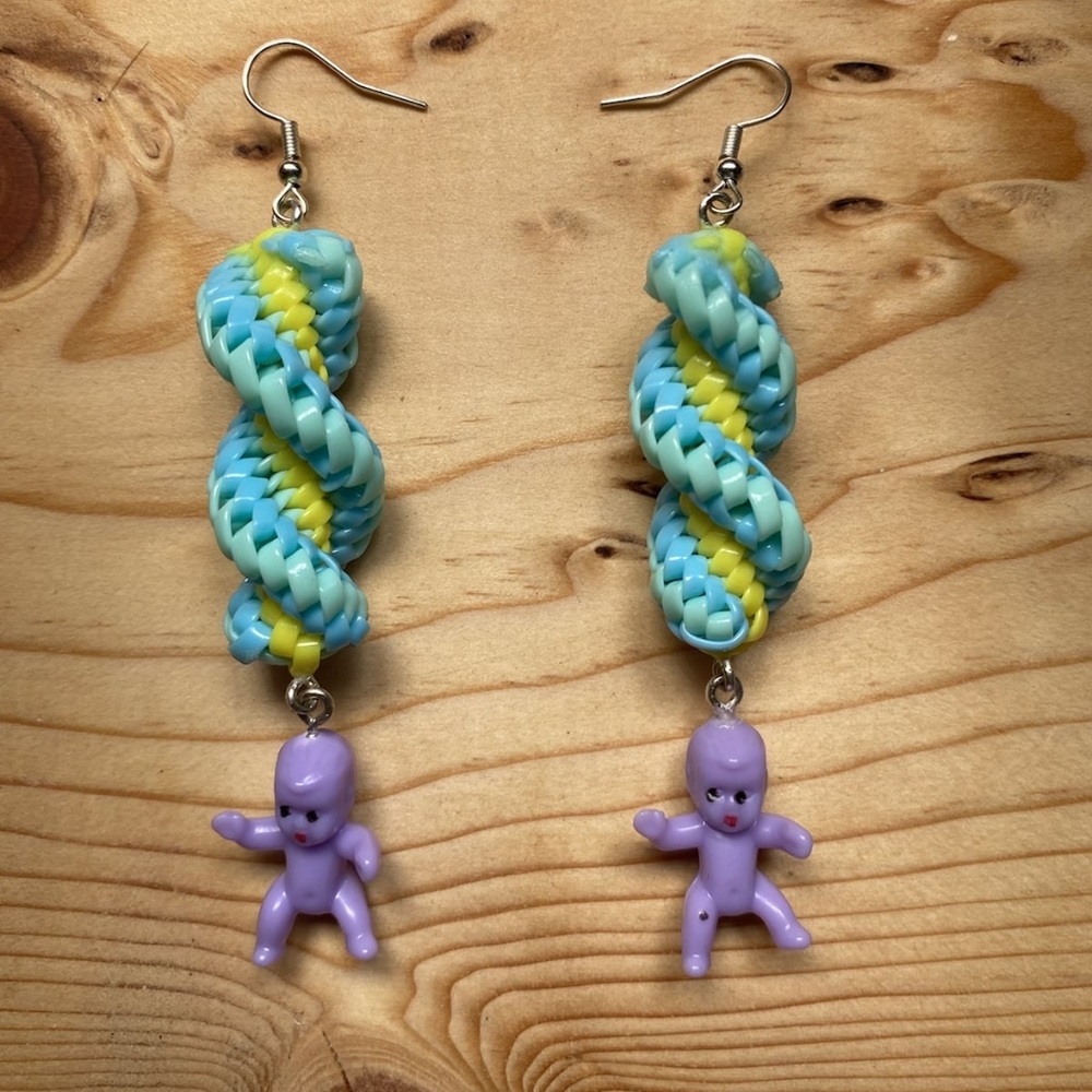 Yellow Blue Spirals w Mini Baby Charms - Handmade Lanyard / Scoobidou Earrings